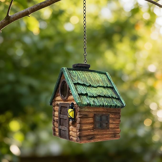 Bird Houses for Outside, Wood-Look Resin Bluebird House with Hanging Chain, Waterproof & Practical Forest Bird Houses, Decorative Hanging Birdhouse for Yard Garden Decor, Wood House