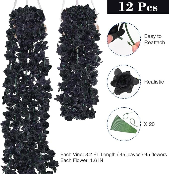 BLEUM CADE 12Pcs 98.4Ft Flower Garland Artificial Rose Vines for Bedroom, Cute Fake Hanging Flower Vines Floral Garland Decorations for Halloween Wedding Party Wall Room Decor Aesthetic