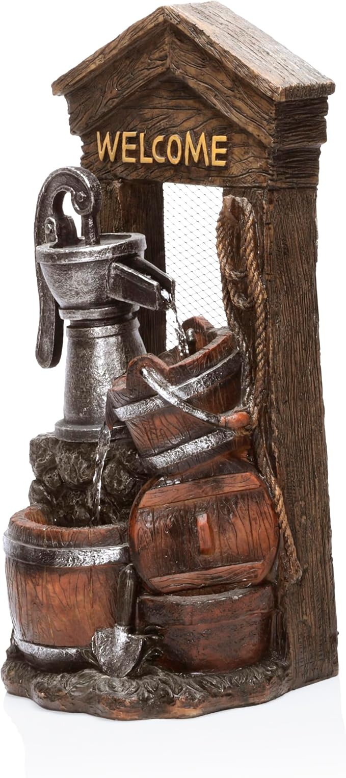 Alpine Corporation ZEN576S Outdoor Rustic Design Water Pump and Barrel Floor Fountain - Welcome Sign, 24 Inch Tall, Brown