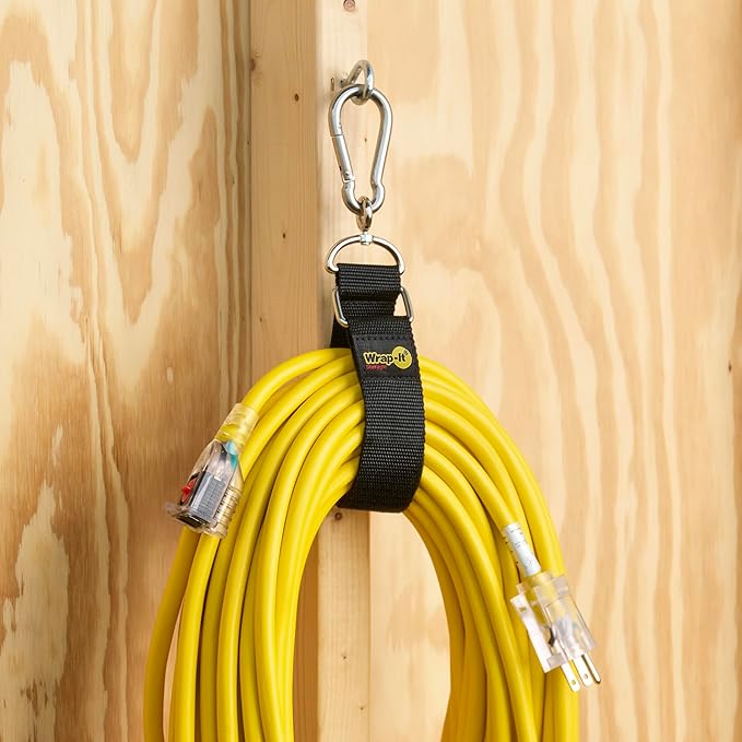 Hook 'n Hang Wrap-It Storage Straps - Assorted 3-Pack Black - Heavy Duty Extension Cord Holder with Hooks for Cord or Garden Hose Storage