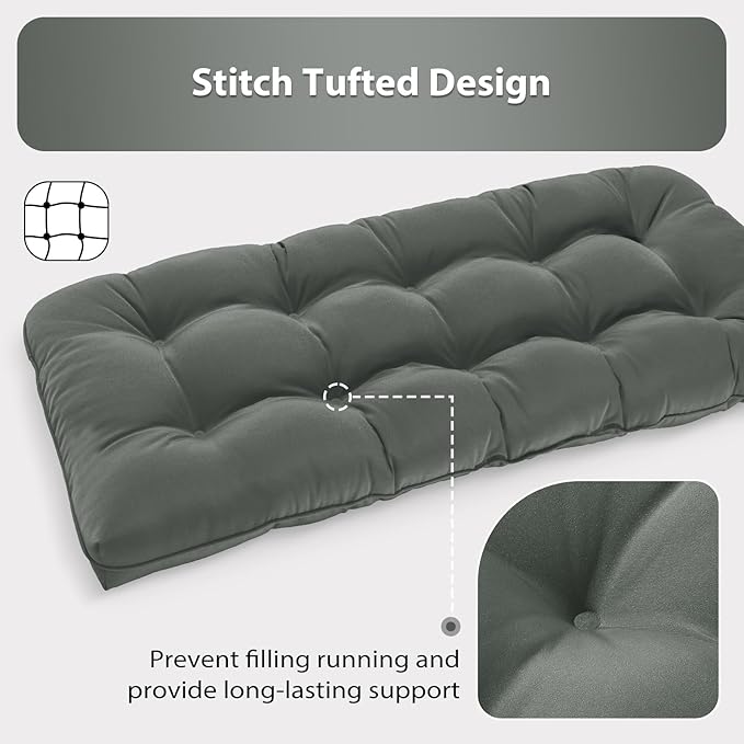 Tufted Bench Cushions for Outdoor Furniture, 48" x 18" Porch Swing Cushions Filled with Foam, Overstuffed Patio Cushions for Bench Loveseat with 2-3 Seats,Thick and Water Resistant, Grey