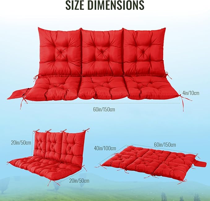 NACATIN 3 Seat Cushion for Outdoor Swing - 60x40 inches, 4" Thick Porch Swing Cushions with Ties and Storage Bag, Waterproof Bench Cushions for Patio, Outdoor, Backyard and Garden (Red)