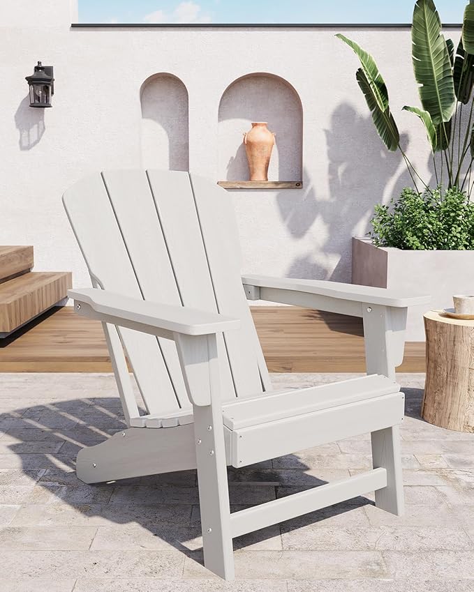 Modern HDPE Plastic Adirondack Chair - Oversize 380 LB Poly Lumber Weather Resistant Firepit Chair - Outdoor Patio Chairs with Wooden Textured for Garden, Backyard, Lawn, Deck, Pool, Porch - White