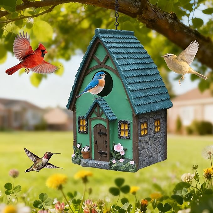 Bird Houses for Outside Green Cottage Resin Birdhouse, Garden Outdoor Decor Bird House with Flower and Stone Details, Birdhouses for Outdoors for Bluebird Finches Cardinals