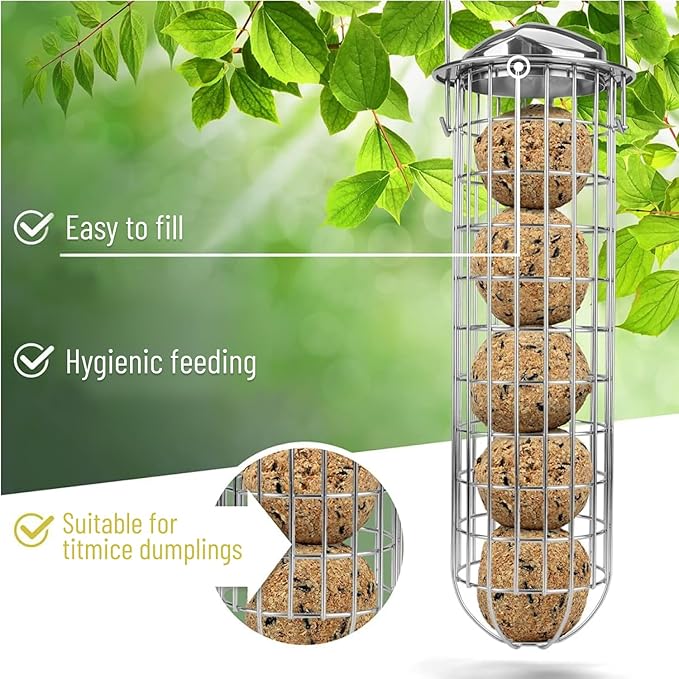 | Fat Ball Holder 12" - 5 Year Guarantee - Made of Rustproof Metal Bird Feeding Station for Fat Balls - Ecological Bird Feeder (31cm, Stainless Steel)