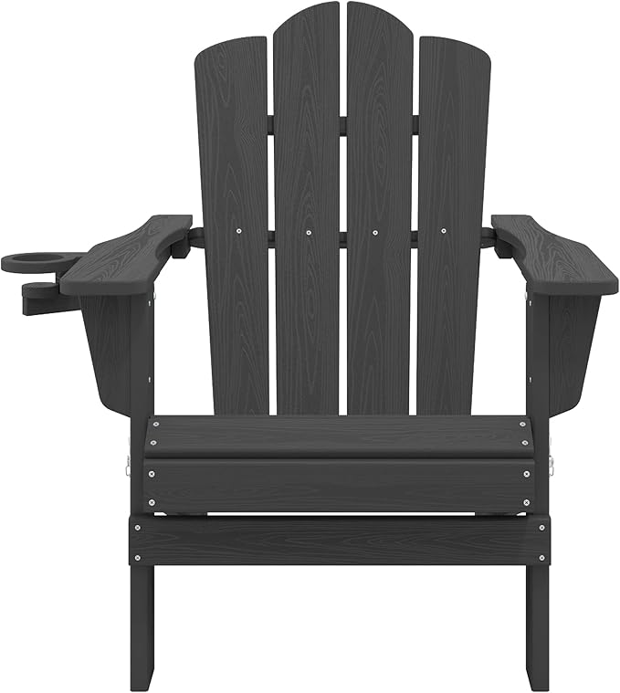 KINGYES Folding Adirondack Chair, HDPE All-Weather Patio Chairs with Cup Holder, Wooden Textured Fire Pit Chairs for Poolside, Backyard, Deck, Black
