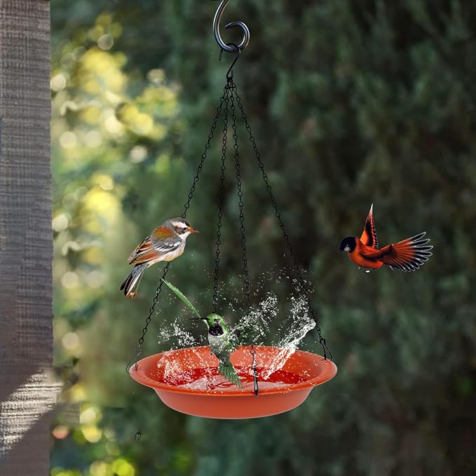 Bird Baths for Outdoors Heavy Duty, 10 inch BirdBath Bowl Only with 22” Rust-Proof Black Chains, Hanging Bird Bath Hanging Bird-Feeder for Garden Backyard Decor (Terracotta 2 Pack)
