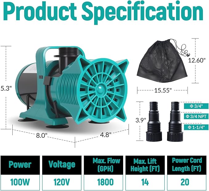 100W 1800GPH Submersible Pond Pump, Ultra Quiet & Energy Efficient Water Pump, 20FT Cord, 14FT Lift, Multi-Angle Nozzle for Koi Pond, Fountain, Waterfall, Aquarium, Garden Use, UL Listed
