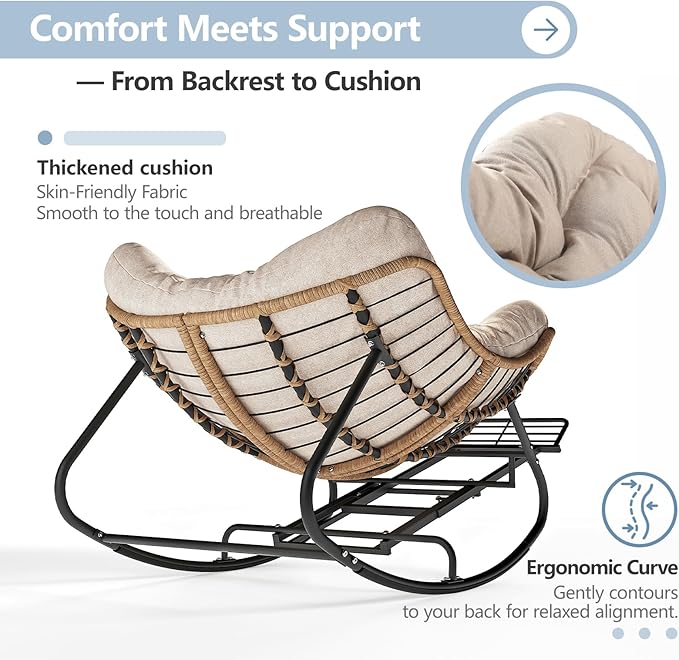 SWITTE Outdoor Papasan Rocking Chair with Adjustable Footrest, Oversized Wicker Zero-Gravity Chair with Cushion, All-Weather Lounge for Patio, Living Room-Cream