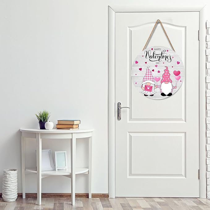 Happy Valentine's Day Sign, Valentines Day Door Decor Wood Plaque 12 X 12 Inch Gnome Valentine Sign Round Valentines Day Welcome Sign For Front Door Porch Yard Valentines Decorations