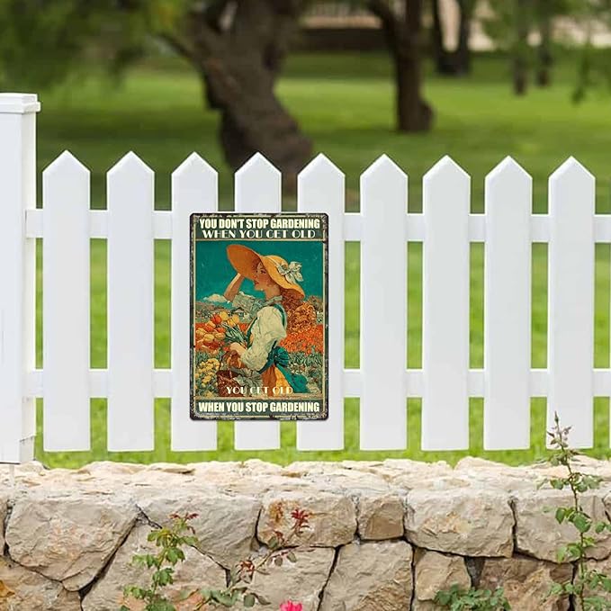 Garden Vintage Sign "You Don't Stop Gardening When You Get Old Metal Tin Sign Garden Signs Tulip Girl For Home Outside Farm living room vintage tin sgin wall decor (20cm*30cm) (6)