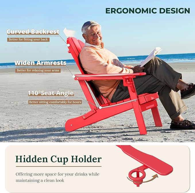 BRIOPAWS Folding-Adirondack-Chairs Set of 4 | HDPE Plastic | Fire Pit Chair | Cup Holder | Curved Back | All Weather| for Outdoor Backyard Deck Patio | Red