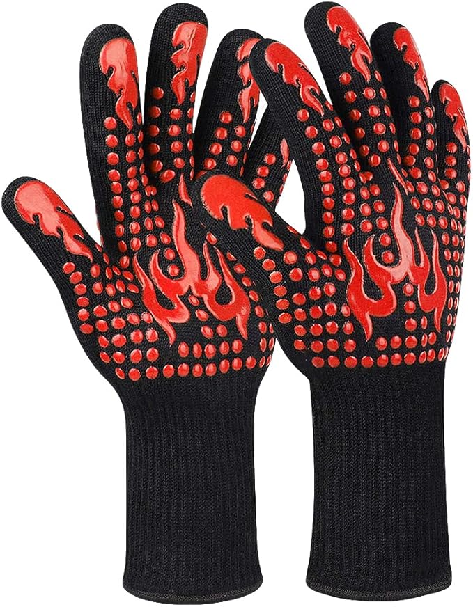 BBQ Gloves, Heat Resistant Gloves for Cooking, Non-Slip Grill Oven Mitts, 1472°F Extreme Heat Resistant Silicone Grilling Gloves for Barbecue, Frying, Baking, 1 Pair (Red)