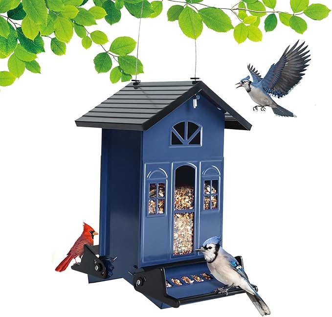 Birdkiss Bird Feeder Squirrel-Proof Outside: Country House Series for Hanging - Metal - 5LBs Seed - Weight-Activated for Outdoors - Large Capacity