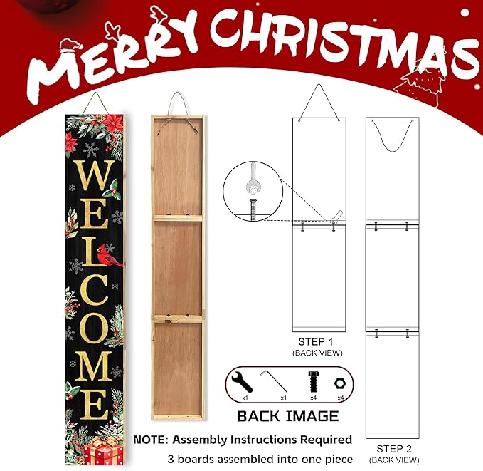 Christmas Welcome Sign for Front Porch Standing, Holly Xmas Themed Wooden Porch Sign for Front Door Decorations, Rustic Farmhouse Hanging Wall Sign for Christmas Winter Decor 47.2" H