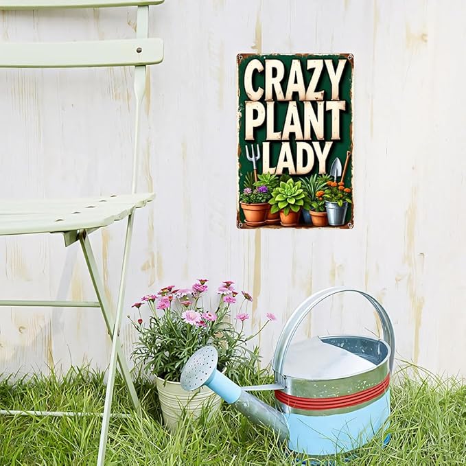 Funnysign Vintage Crazy Plant Lady Tin Sign, Funny Rustic Garden Wall Decor with Succulents & Potted Plants, Metal Wall Art for Patio, Porch, Greenhouse, Plant Room or Home, 8x12 Inch (9816)