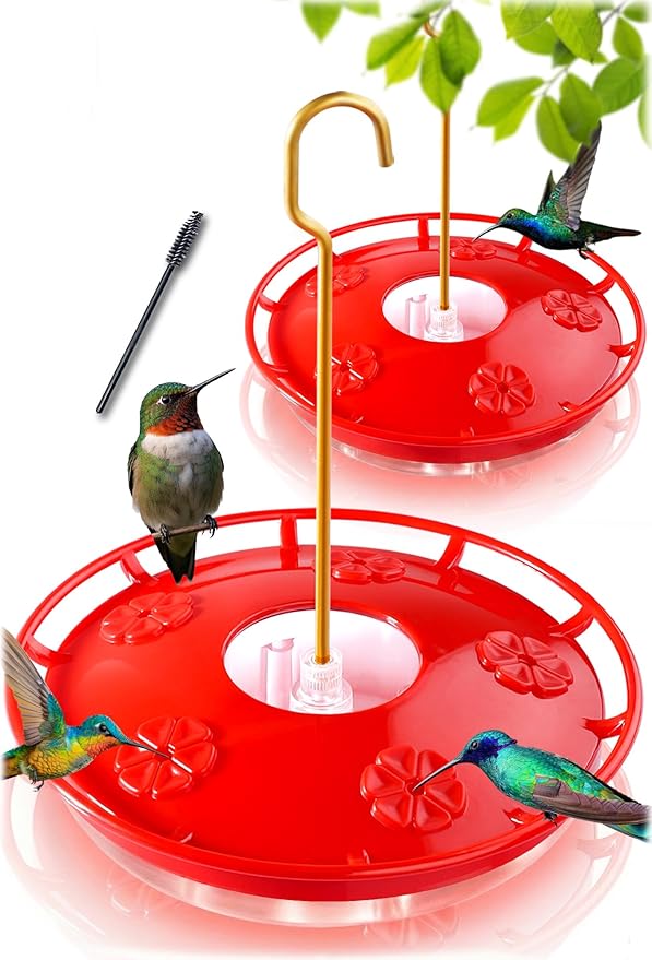 eWonLife 2 Pack Hummingbird Feeders for Outdoors, 16oz Leak-Proof Saucer Humming Bird Feeder with Integrated Ant Moat, Bee Proof 5 Feeding Ports, Brush, Easy Clean & Refill, Hanging Garden Yard Décor