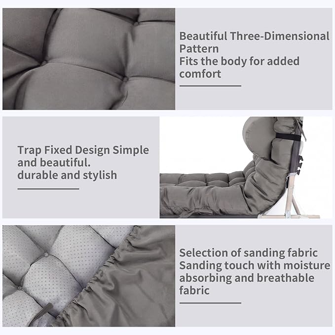 Tudomro 2 Pcs Dark Gray 66'' Outdoor Chaise Lounge Cushion Waterproof Patio Lawn Pool Chaise Lounge Cushion with Headrest Pillow & Ties Weather Fade Resistant Replacement Longue Chair Pad