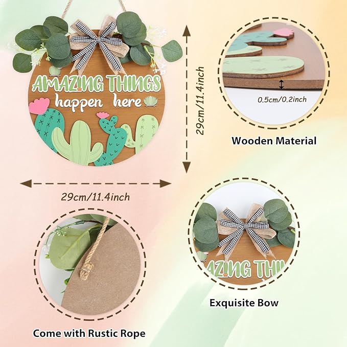HLNIUC Amazing Things Happen Here Wooden Sign(11”x11”) 3D Round Desert Cactus Door Hanger,Inspirational Classroom Teacher Wreath Hanging Plaque,Cute Cactus Front Door Wood Signs for Preschool Daycare