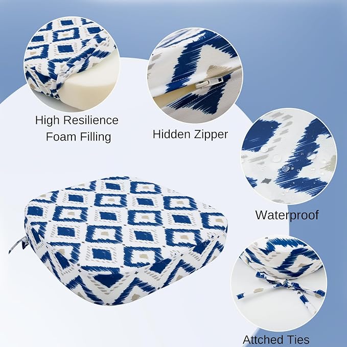 idee-home Outdoor Chair Cushions Set of 2, 19" x 19" x 3" Thick D-Shaped Patio Furniture Outdoor Seat Cushions Waterproof with Ties, Dining Pads