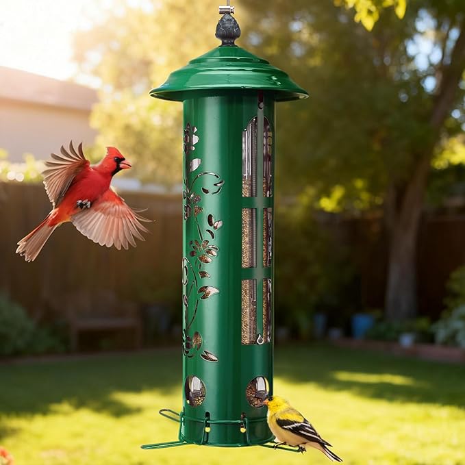 Veehoo Squirrel Proof Bird Feeders for Outdoors, Hanging Wild Bird Feeder Anti Squirrel with Weight-Activated Perches, Metal Cardinal Finch Feeder Outside Decorative for Thistle and Mixed Seed, Green