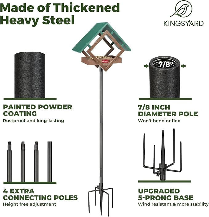 Kingsyard Large Platform Bird Feeder with Metal Mesh Tray, Pole Mount Adjustable Bird Feeders with Weather Protective Top, 4 lbs Seed Capacity, Brown