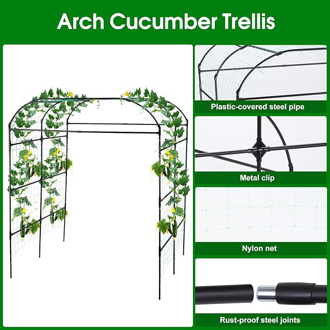 Garden Arch Trellis for Climbing Plants Outdoor, Grape Vine Tomato Bean U Frame Plant Vegetable Support, Cucumber Pergola for Backyard, Black