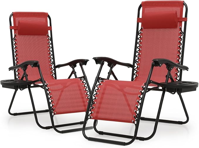 Athena Collection Zero Gravity Chair, Outdoor Lounge Chair with Adjustable Pillow and Cup Holder, Reclining Camping Chair for Outside Beach Lawn Garden Patio Poolside Set of 2- Maroon