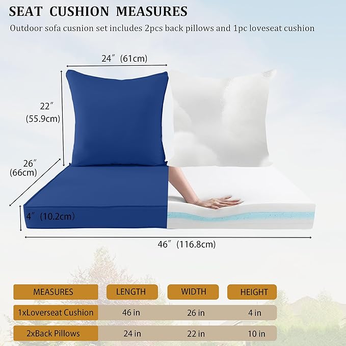 Outdoor Loveseat Cushion Set for Patio Couch/Sofa, 46 x 26 Inch Waterproof & Fade Resistant Patio Furniture Chiar Cushions with Removable Cover (Blue, 46''Lx26''Wx4''H-Loveseat Cushion Set)