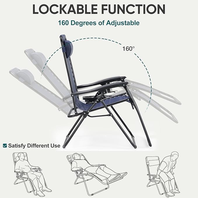 NEWBULIG Zero Gravity Chair Set of 2, Lounge Chair Folding Portable Adjustable Camping Reclining Chairs with Adjustable Pollow, Mesh Back, Cup Holder Trays Lawn Patio Chair for Pool Beach - Blue