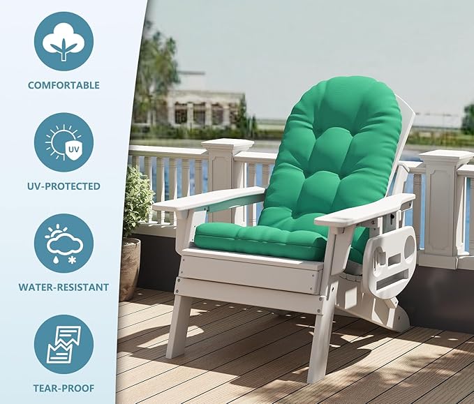 Adirondack Chair Cushion Set of 2, Thickened Patio Chair Cushions with Ties, Waterproof and UV-Protected Rocking Chair Cushion for Indoor and Outdoor, Green.