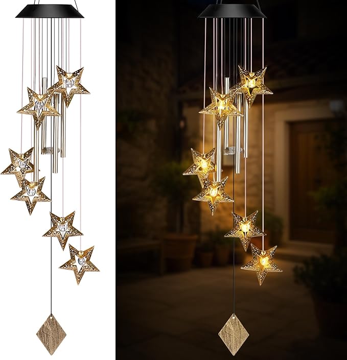 Solar Wind Chimes for Outside Waterproof Hanging Wind Chimes Lights Outdoor Decor Yard Garden Gifts for Mother Mom Grandma Wife Neighbors(Star,Warm Colored Lights)