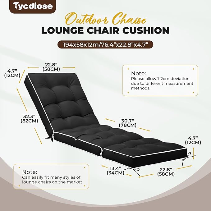 Outdoor Chaise Lounge Chair Cushion, Waterproof Non-Slip Patio Chaise Lounge Cushions for Outdoor Furniture, Thickened Patio Pool Lounger Chair Cushion, 76.4 x 22.8 x 4.7 Inches, Black