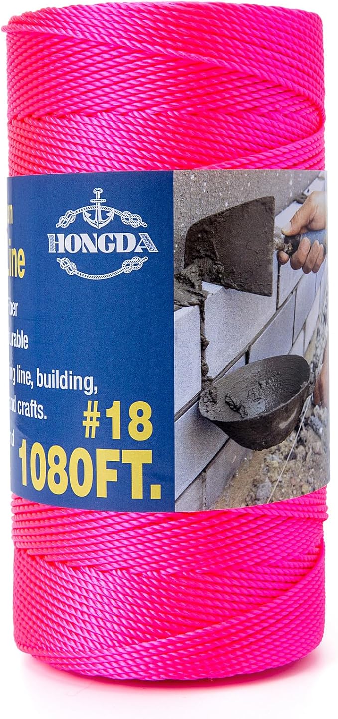HONGDA Twisted Nylon String, #18 x 1080FT Mason Line String, Nylon Twine for Masonry Job, Trot Line, Decoy Line, Net Making and Mending, Workshop, Crafts, Gardening Fl.Pink
