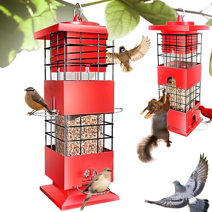 Squirrel Proof Bird Feeders for Outdoors, 3 LBS Large Birdfeeders Outside Hanging, Metal Bird Feeder with 4 Feeding Ports, Weight Activated Backyard Wild Bird Feeders for Finch, Cardinal, Bluebird