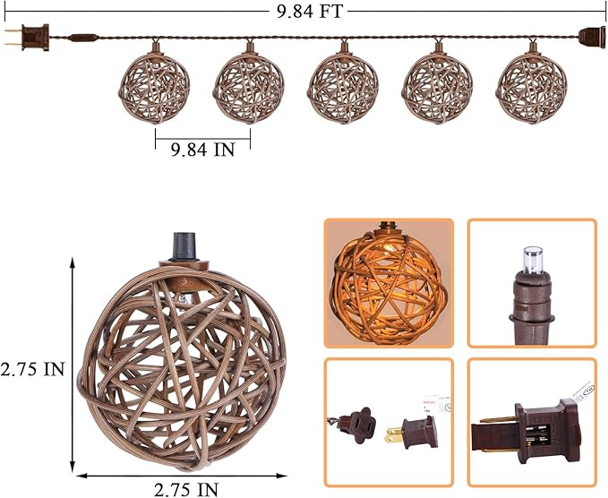 Vigdur Rattan Ball String Lights, Boho Lantern String Lights with 10 Led Bulbs Connectable, Indoor Outdoor String Light for Bedroom Wedding Garden Party Backyard Decor, 9.84FT
