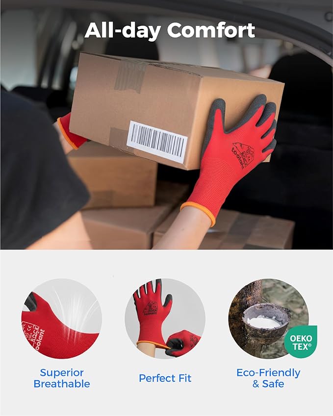 toolant Crinkle Latex Work Gloves Bulk, Rubber Coated Safety Work Gloves for Men and Women, 12 Pairs for Construction, Gardening, Warehouse (Black & Red, XX-Large)