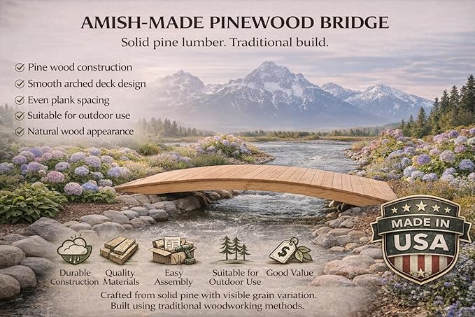 12 FT CEDAR Amish Made Pinewood Heavy Duty Garden Bridge for Walkway, Backyard Pond & Landscaping, Outdoor Wooden Footbridge for Koi Pond, Japanese Style Decorative Bridge, Made in USA