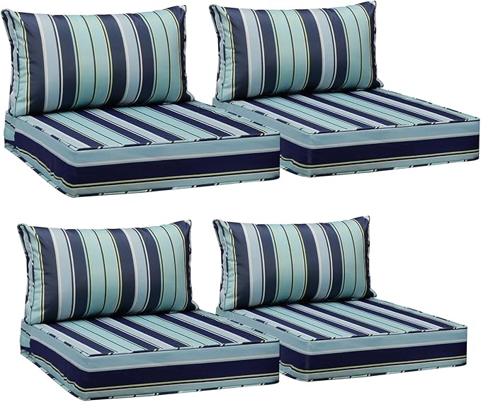 AAAAAcessories Outdoor Seat Cushions for Chairs, Fade-Resistant, Waterproof Patio Furniture Replacement Cushions, 25.5" x 25.5" x 5" + 25.5" x 13.5", Set of 4, Ash Teal Seaside Stripe