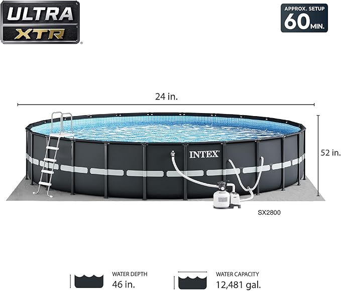 Intex 26339EH Ultra XTR 24ft x 52in Above Ground Swimming Pool Set with Sand Filter Pump, Inflatable Lounge Pool Recliners (2-Pack) and Inflatable Beverage Cooler