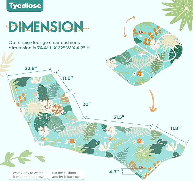 Chaise Lounge Cushions Outdoor Set of 2, 74.4 x 22 x 4.7 Inch Thickened Lounge Chair Cushions Waterproof for Outdoor Furniture with Ties, Non-Slip Patio Pool Lounge Cushions, Cyan Floral Leaf