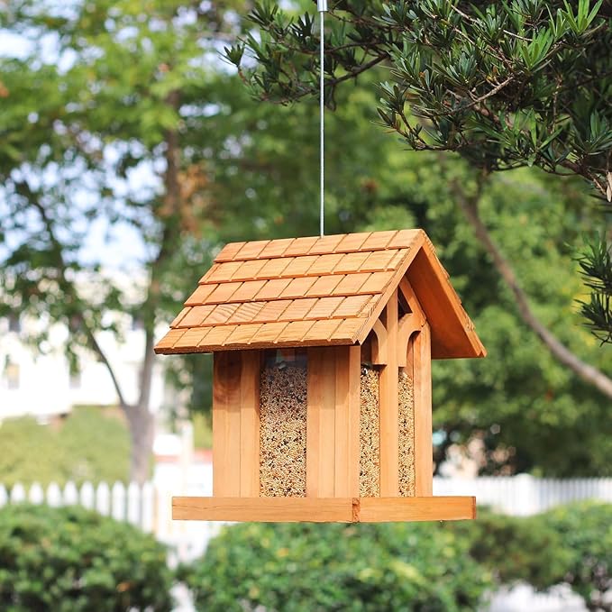 Large Bird Feeder for Outside Clearance, Hanging Birdfeeder for OutdoorCedar Wood Wild Bird Feeder- Holiday Delight, 10 Lbs Seed Capacity Wood Birdfeeder. (Chalet)