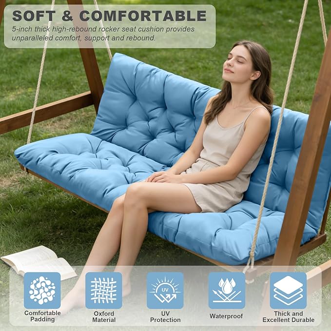 Porch Swing Cushions,Outdoor Cushions 3 Seater Replacement with Backrest, Waterproof Thickened Bench Cushion with Ties for Porch, Patio,Outdoor, Backyard and Garden (Sky Blue 40 * 40 in)