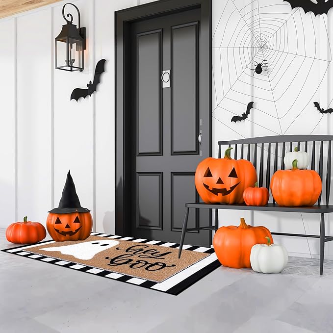 Tinideya 2 Pcs Halloween Doormat Hey Boo Ghost Outdoor Welcome Mats for Front Door Non Slip Ghost Coir Floor Mat Black White Stripe Halloween Rug for Outside Front Porch Entryway Decor