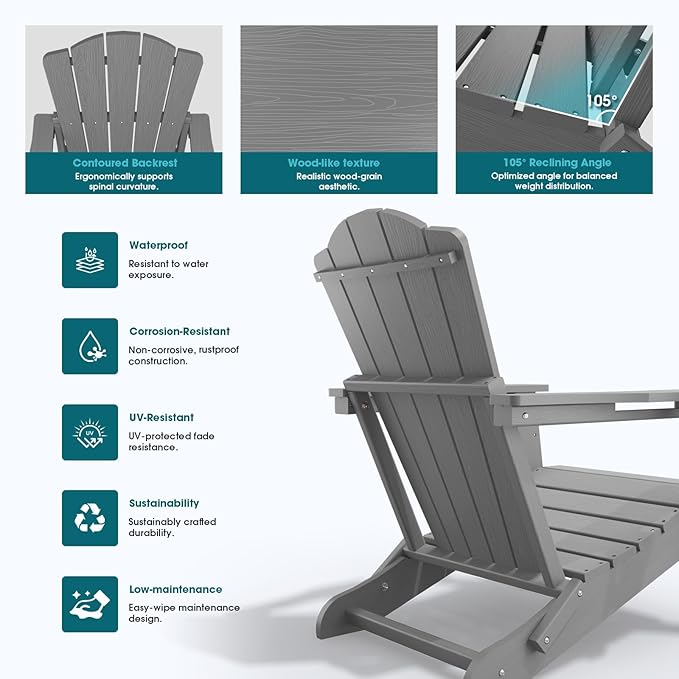 Folding Adirondack Chair Set of 2,HDPE All-Weather Outdoor Chair with Cup Holder,Wooden Textured,Fire Pit Chair,Plastic Patio Chair for Deck,Backyard,Garden,Lawn(Grey)