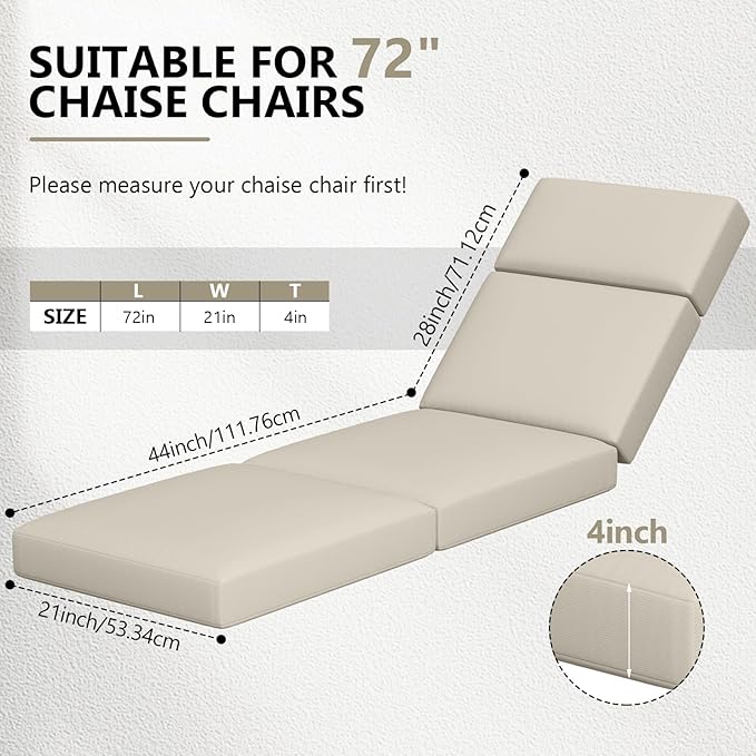2 Pcs Chaise Lounge Cushions Outdoor, 72 x 21 x 4 Inch Lounge Chair Cushions for Outdoor Furniture - Waterproof Lounge Patio Replacement Cushion, 4In Fade-Resistant ThickPatio Chaise Lounge Cushion