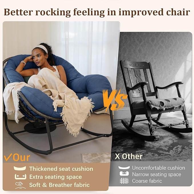Oversized Rocking Chair Outdoor Set of 2, Rocking Papasan Chair, Patio Egg Chair with Padded Cushion, Outdoor Wicker Rocking Chair for Front Porch, Garden, Patio (Navy Blue)