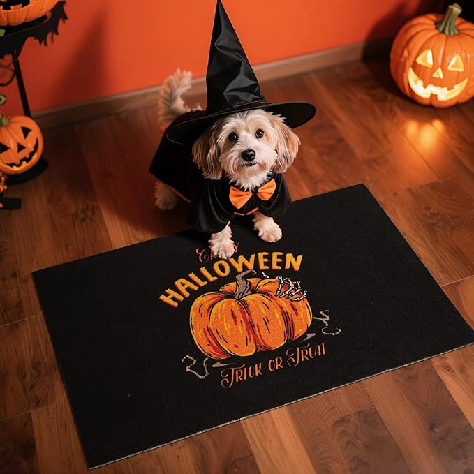 Pumpkin Front Door Mat Indoor Outside Entrance, Heavy Duty Dirt Trapper Doormat with Non Slip Backing Entryway Mat for Front Back Door, 17'' x 30'', Pumpkin Black