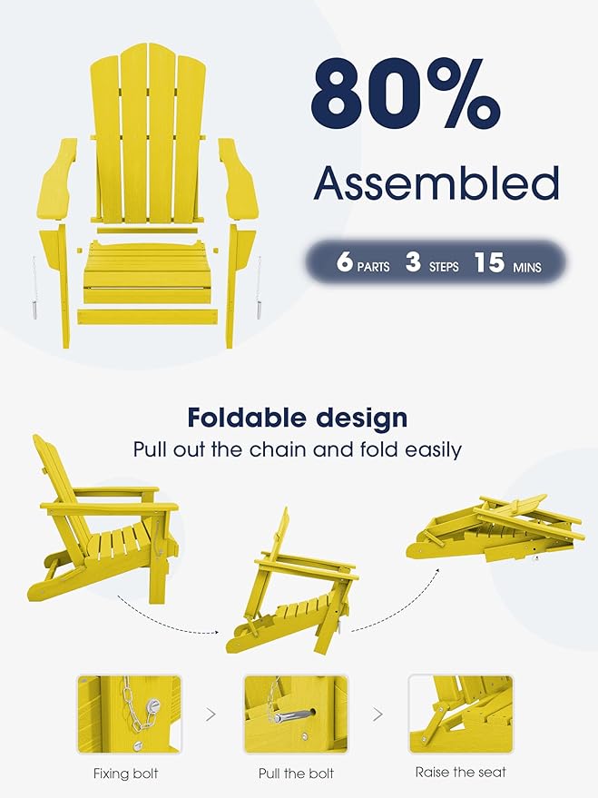 KINGYES Folding Adirondack Chair Set of 4, HDPE All-Weather Folding Adirondack Chair, Yellow