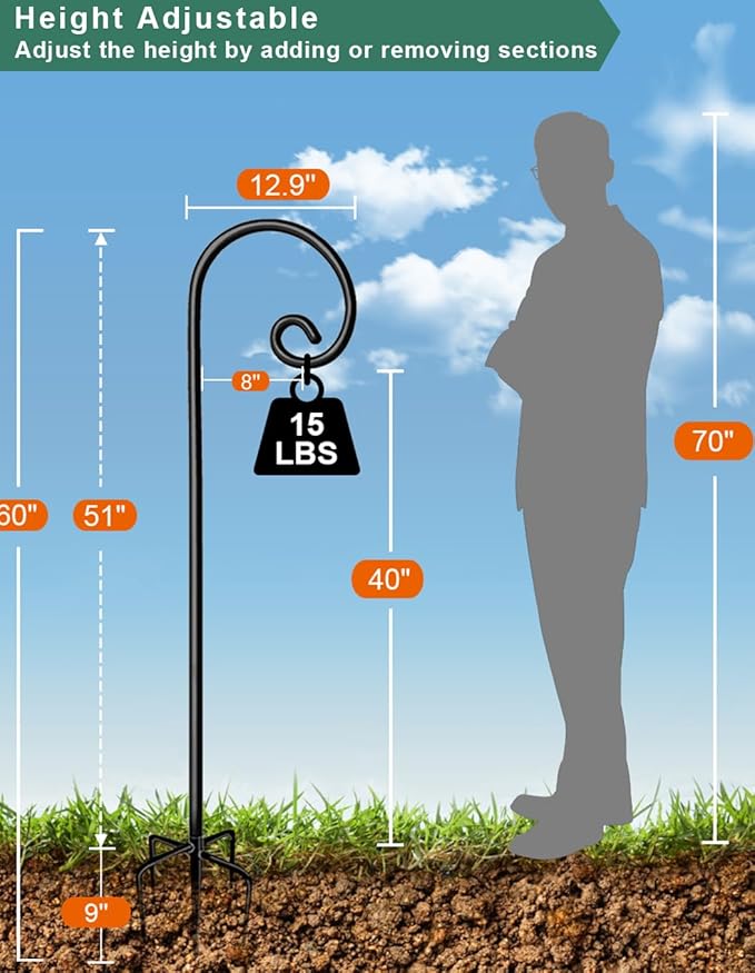 Koutemie 60 Inch Outdoor Shepherd Hook for Hanging Plant, Adjustable Heavy Duty Bird Feeder Pole with 5 Prong Base for Solar Lanterns, Black & 2 Packs
